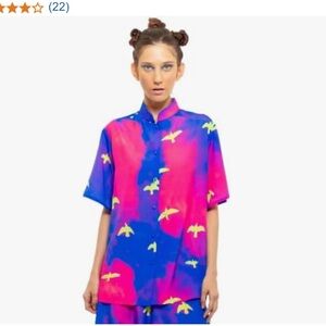 CHAOUICHE Vibrant Neon Pink Purplish/Blue Raf Trippy BirdPrint Unisex Top NWOT M